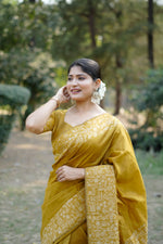 Thumbnail for Jyoti Fashion Women's Mustard Handloom Raw Silk Weaving Designer Saree with Blouse