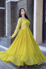 Thumbnail for Jyoti Fashion Women's Yellow Faux Blooming Sequins with Zari Embroidered Anarkali Dress - Distacart