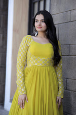 Thumbnail for Jyoti Fashion Women's Yellow Faux Blooming Sequins with Zari Embroidered Anarkali Dress - Distacart