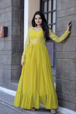 Thumbnail for Jyoti Fashion Women's Yellow Faux Blooming Sequins with Zari Embroidered Anarkali Dress - Distacart