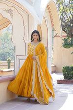 Thumbnail for Jyoti Fashion Women's Yellow Faux Blooming Jacquard with Sequins Embroidered Anarkali Dress with Dupatta - Distacart