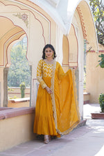 Thumbnail for Jyoti Fashion Women's Yellow Faux Blooming Jacquard with Sequins Embroidered Anarkali Dress with Dupatta - Distacart