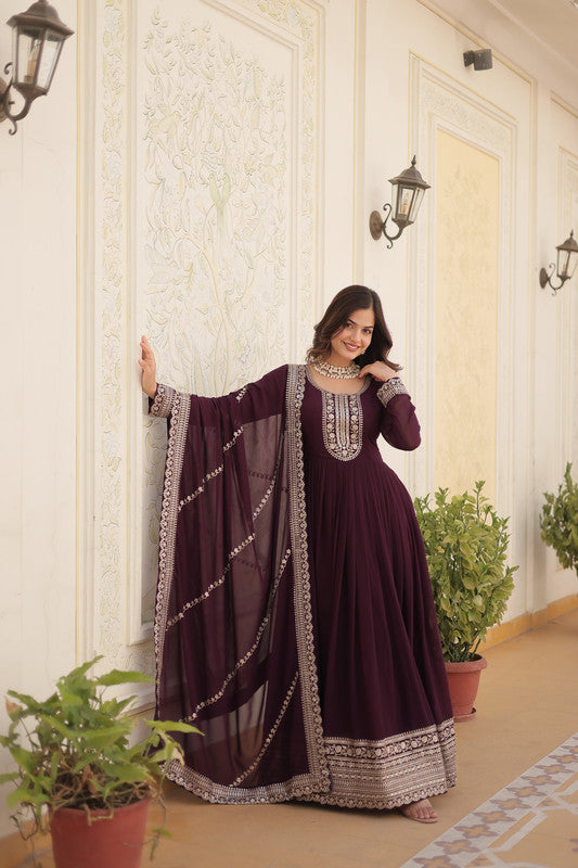 Jyoti Fashion Women's Wine Faux Blooming Sequins Embroidered Partywear Anarkali Dress with Dupatta - Distacart