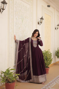 Thumbnail for Jyoti Fashion Women's Wine Faux Blooming Sequins Embroidered Partywear Anarkali Dress with Dupatta - Distacart