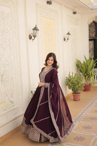 Thumbnail for Jyoti Fashion Women's Wine Faux Blooming Sequins Embroidered Partywear Anarkali Dress with Dupatta - Distacart