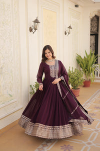 Thumbnail for Jyoti Fashion Women's Wine Faux Blooming Sequins Embroidered Partywear Anarkali Dress with Dupatta - Distacart
