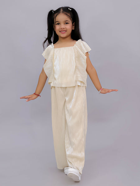 Lil Drama Glam Up Girls Beige Party Top and Pant Set