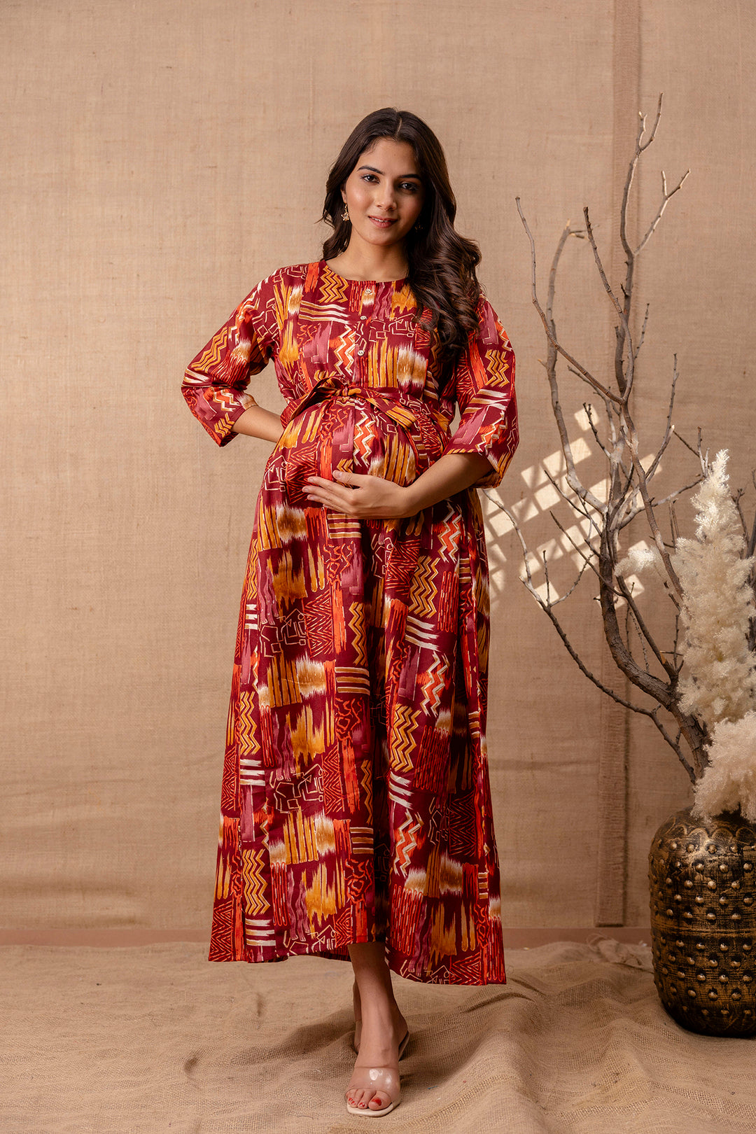 Women Maroon Printed Flared Maternity Dress - Rasiya