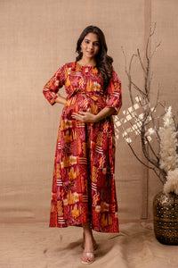 Thumbnail for Women Maroon Printed Flared Maternity Dress - Rasiya