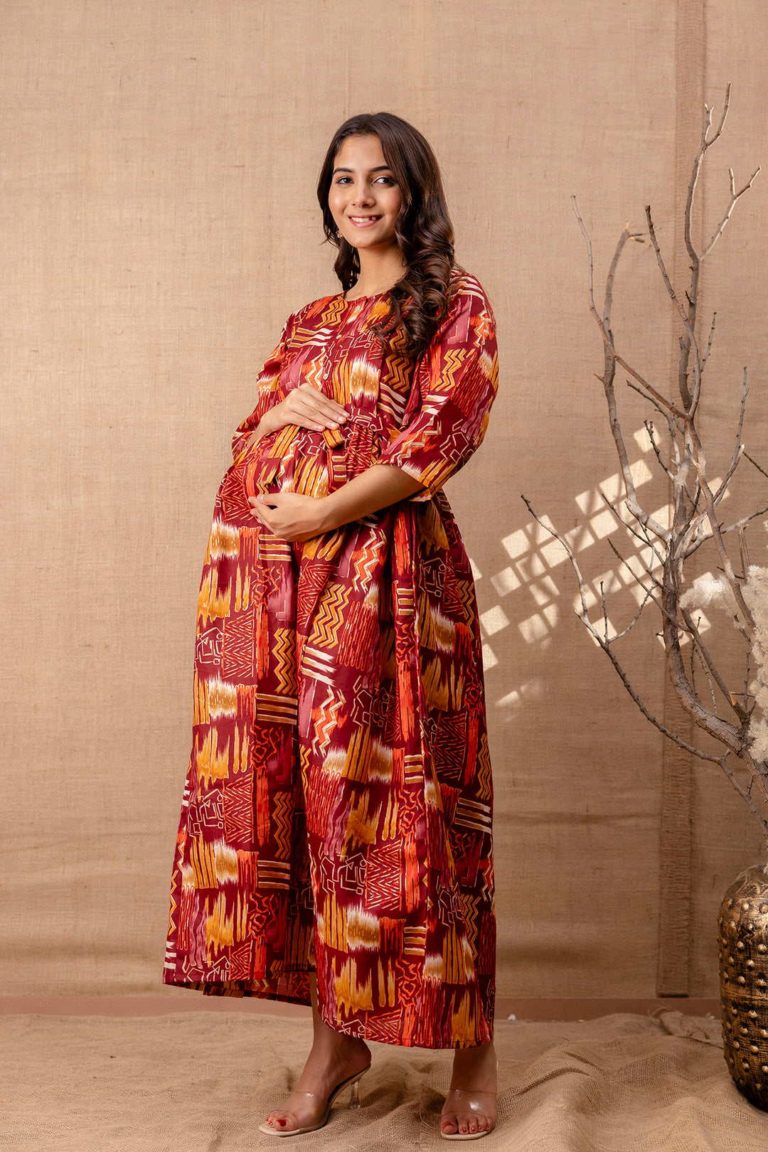 Women Maroon Printed Flared Maternity Dress - Rasiya