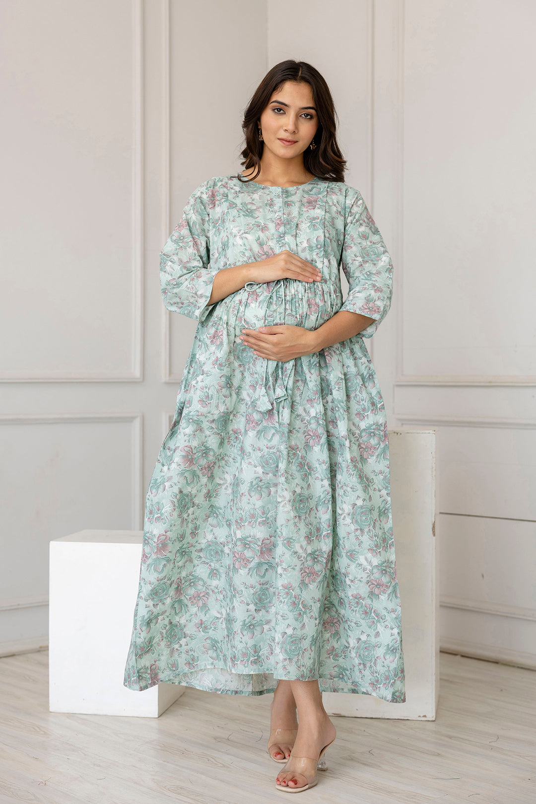 Women Green Printed Flared Maternity Dress - Rasiya