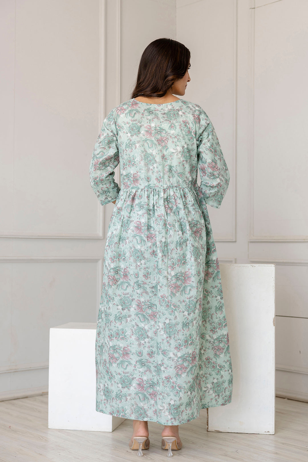 Women Green Printed Flared Maternity Dress - Rasiya