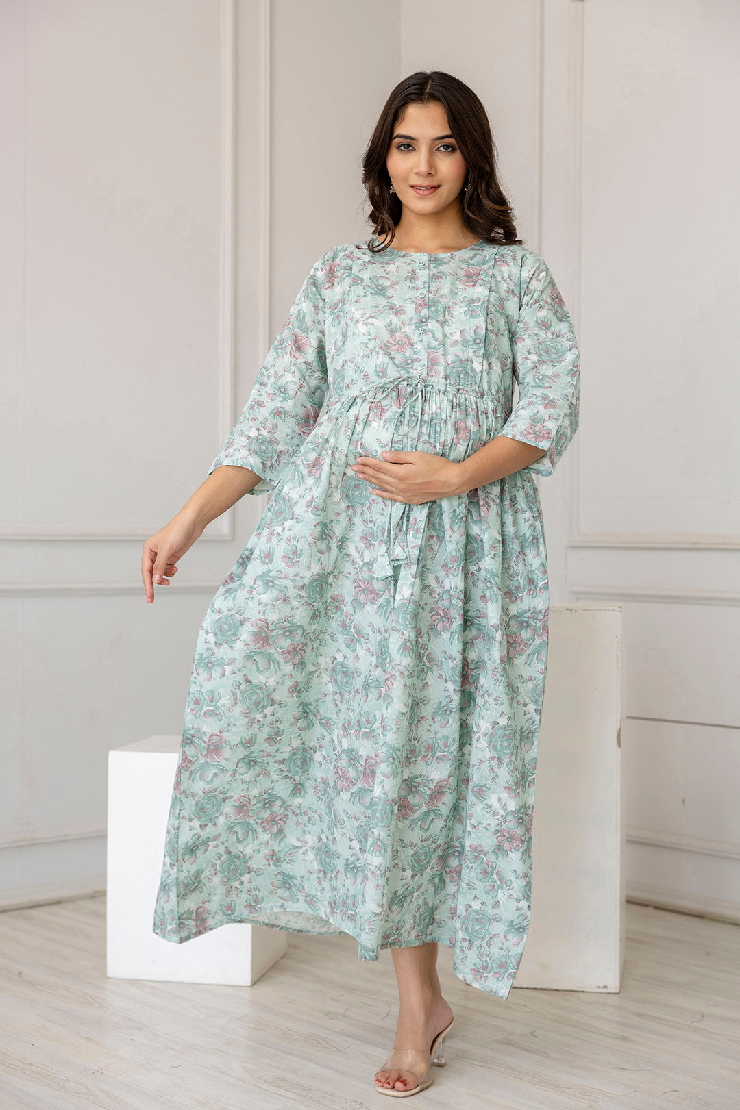 Women Green Printed Flared Maternity Dress - Rasiya