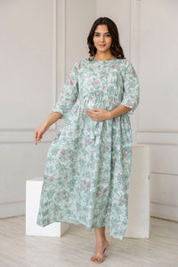 Thumbnail for Women Green Printed Flared Maternity Dress - Rasiya