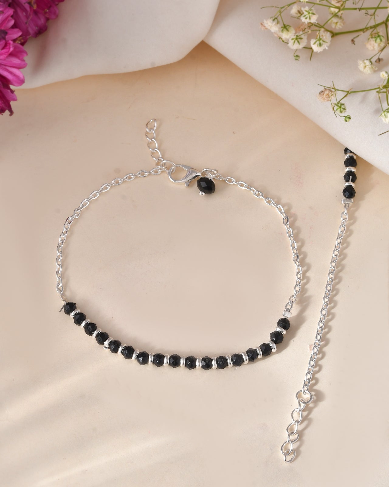 Jewels Nest Elegant Silver-Plated Black Bead Anklet – Traditional & Trendy