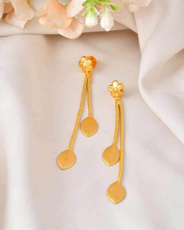Jewels Nest Gold-Plated Leaf Chain Drop Earrings | Elegant Dual-Strand Dangler with Matte Finish Petals