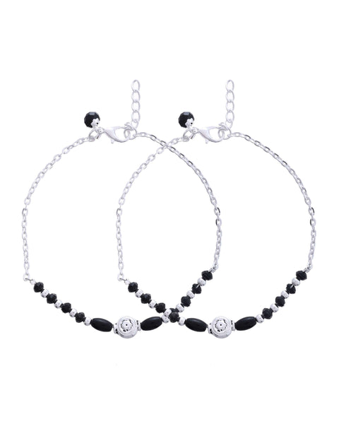 Jewels Nest Set of 2 Silver-Plated Stainless Steel Beaded Anklets with Artificial Black Stones & Floral Charms