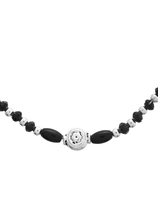 Jewels Nest Set of 2 Silver-Plated Stainless Steel Beaded Anklets with Artificial Black Stones & Floral Charms