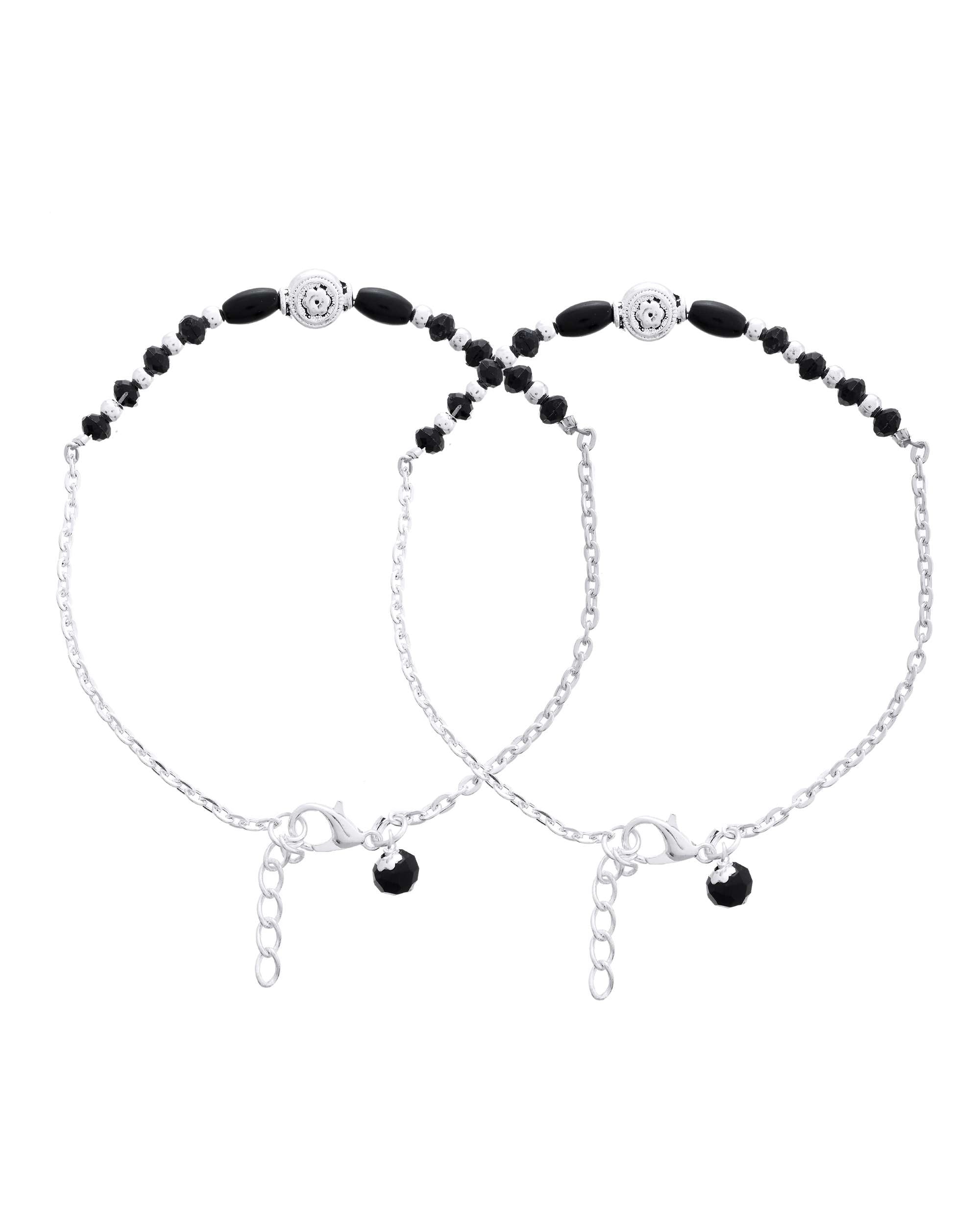 Jewels Nest Set of 2 Silver-Plated Stainless Steel Beaded Anklets with Artificial Black Stones & Floral Charms