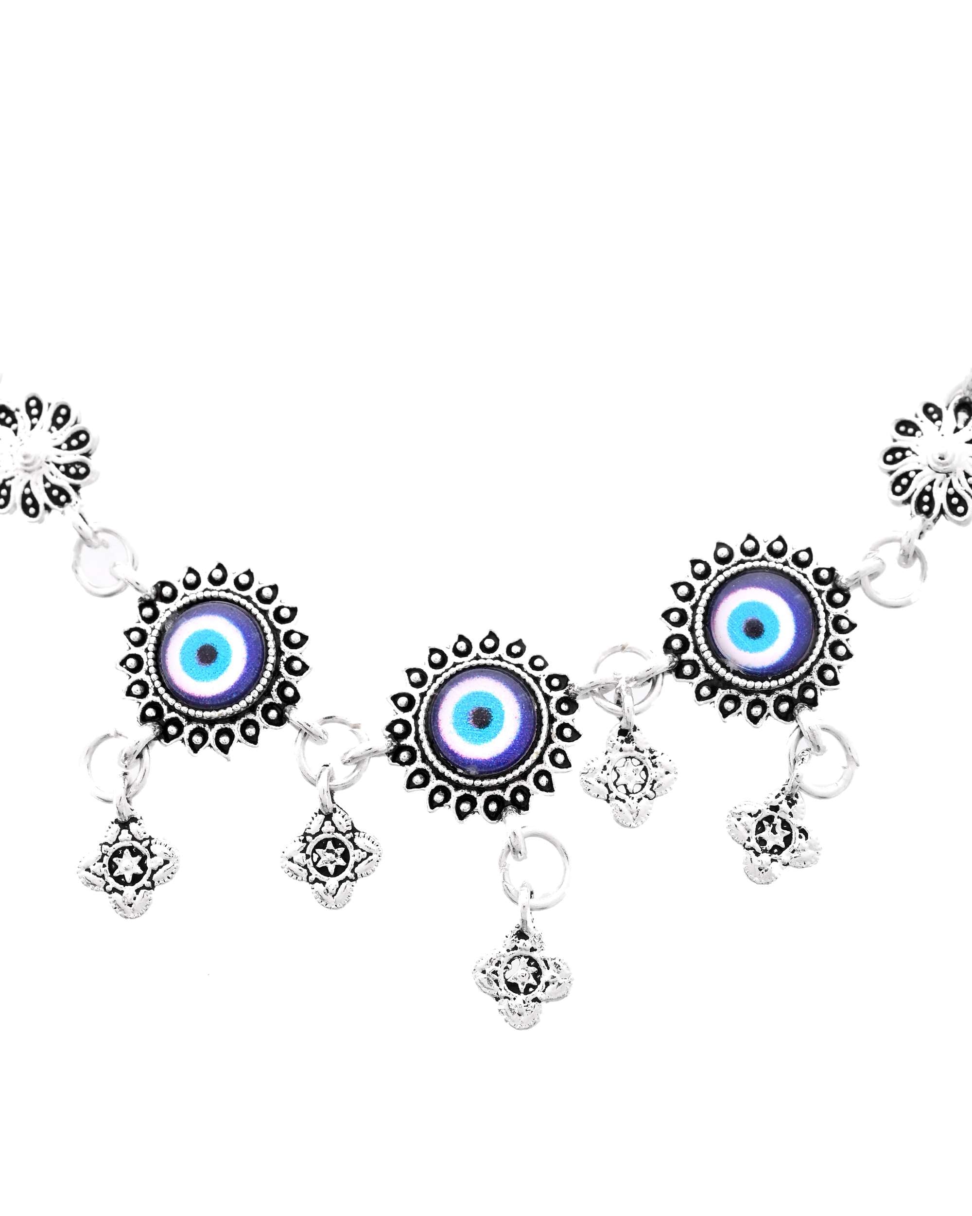Jewels Nest Set of 2 Silver-Plated Stainless Steel Evil Eye & Stone-Studded Beaded Anklets