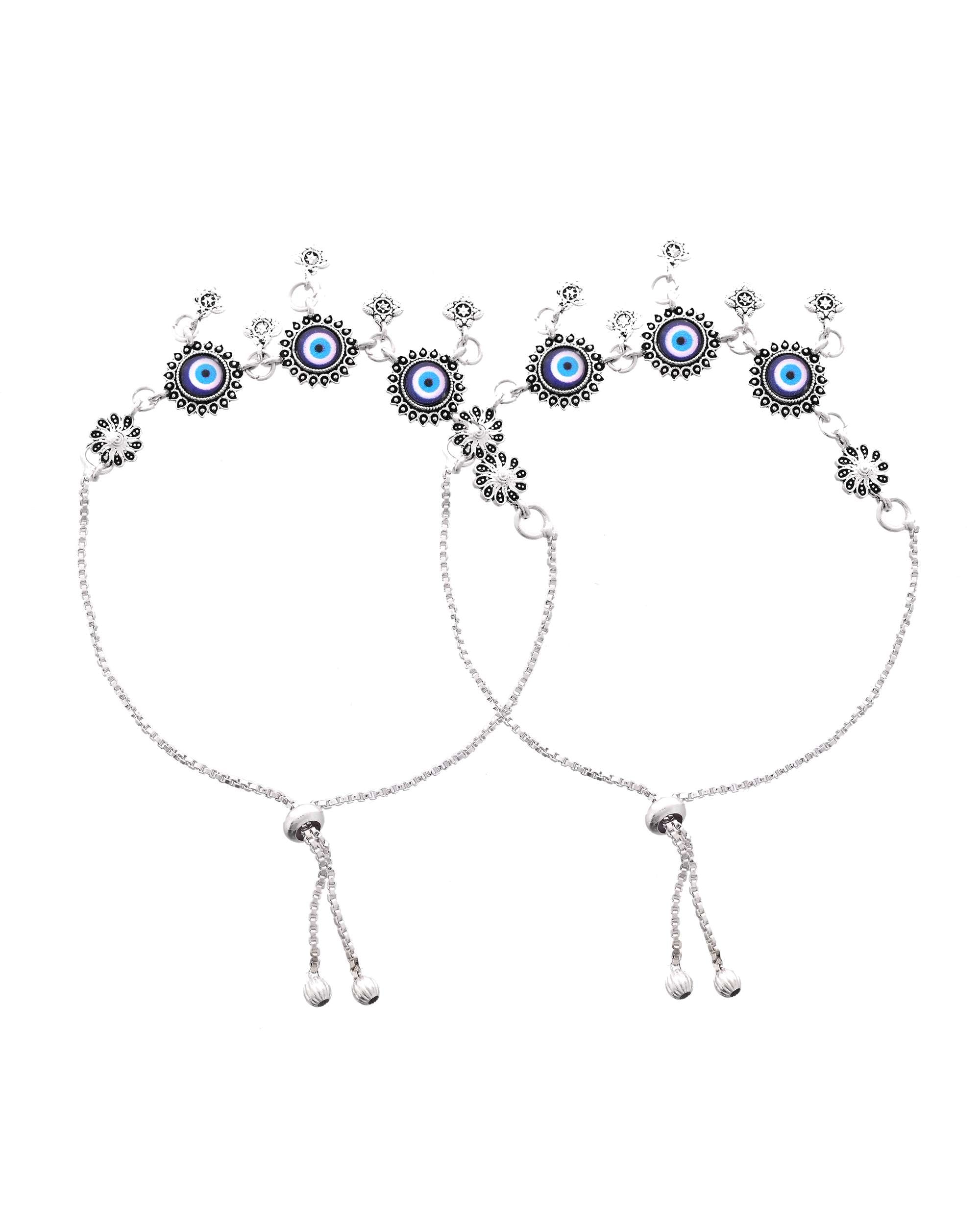 Jewels Nest Set of 2 Silver-Plated Stainless Steel Evil Eye & Stone-Studded Beaded Anklets