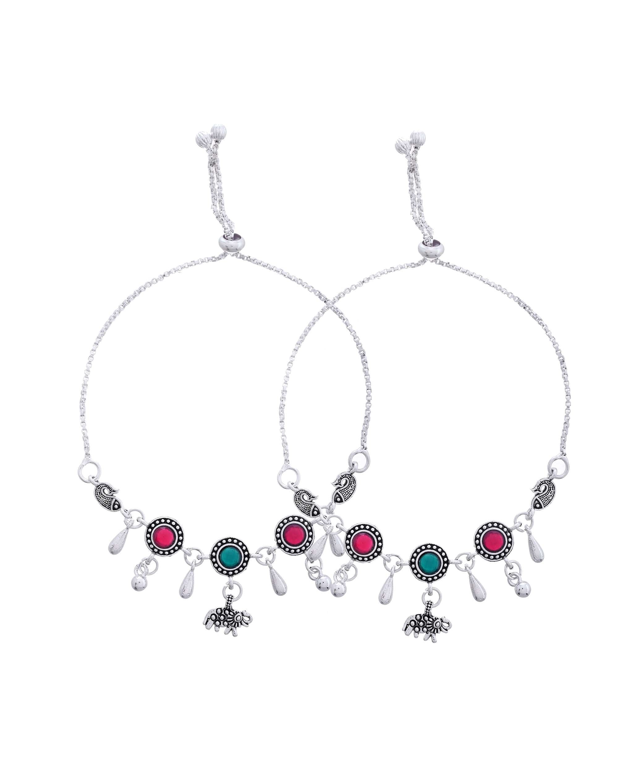Jewels Nest Set of 2 Silver-Plated Artificial Stone Beaded Anklets with Multi-Colored Accents