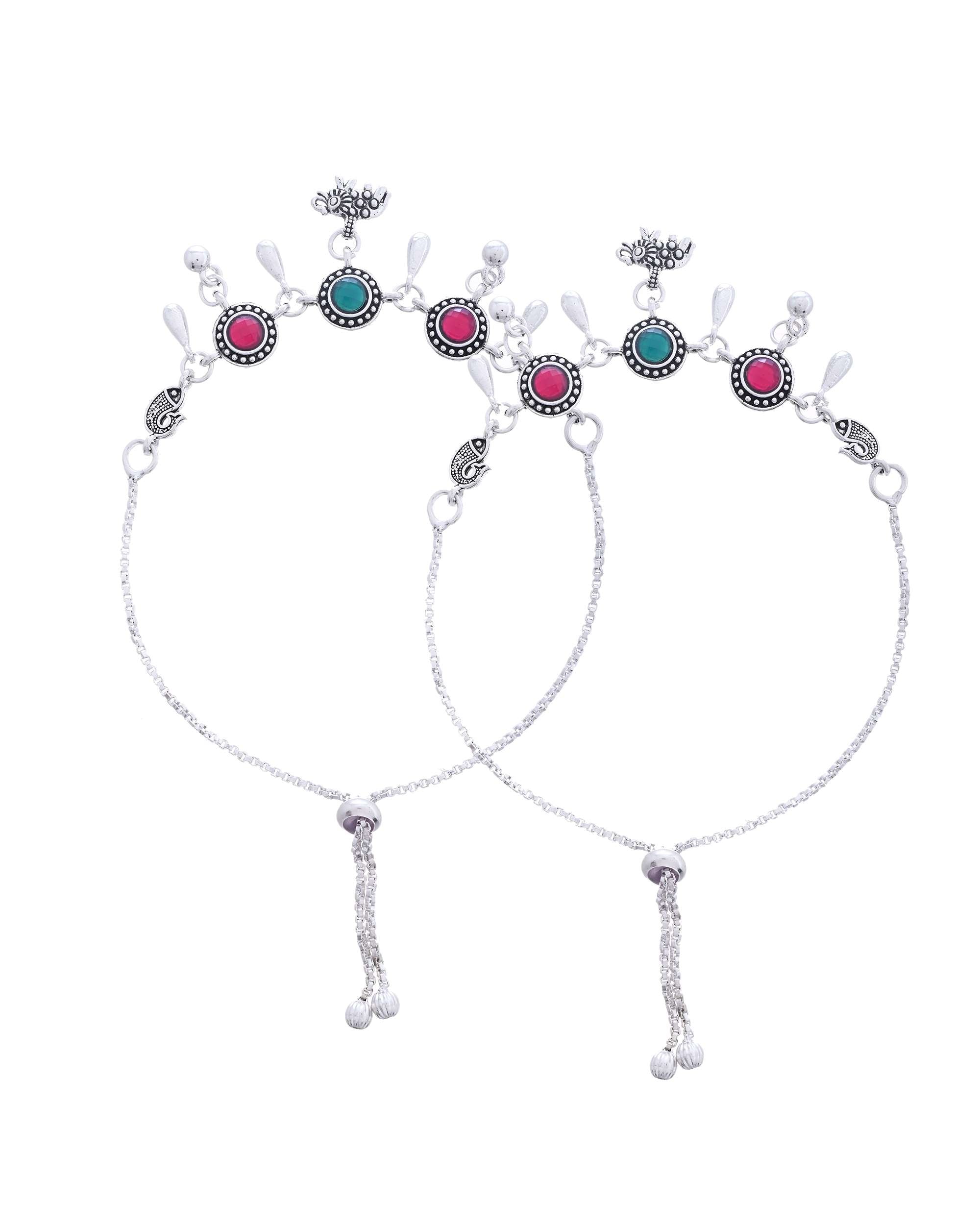 Jewels Nest Set of 2 Silver-Plated Artificial Stone Beaded Anklets with Multi-Colored Accents