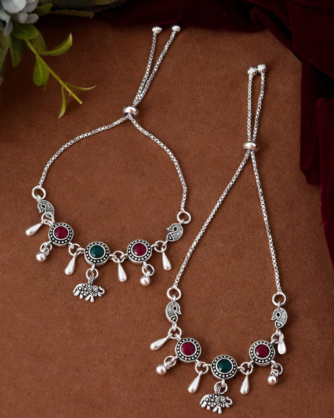 Jewels Nest Set of 2 Silver-Plated Artificial Stone Beaded Anklets with Multi-Colored Accents
