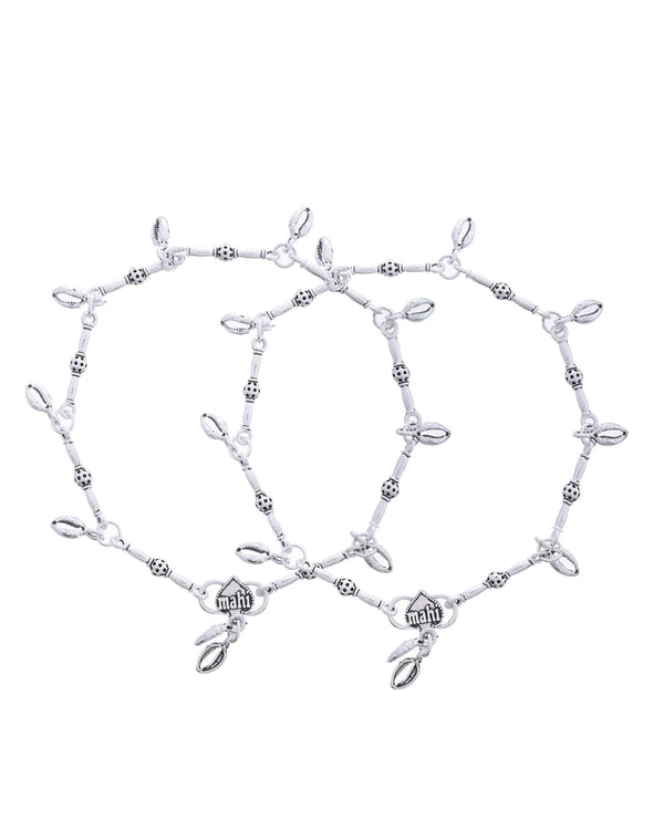 Jewels Nest Oxidized Silver-Toned Tribal Barrel Charm Anklet – Set of 2