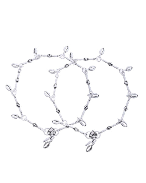 Jewels Nest Oxidized Silver-Toned Tribal Barrel Charm Anklet – Set of 2