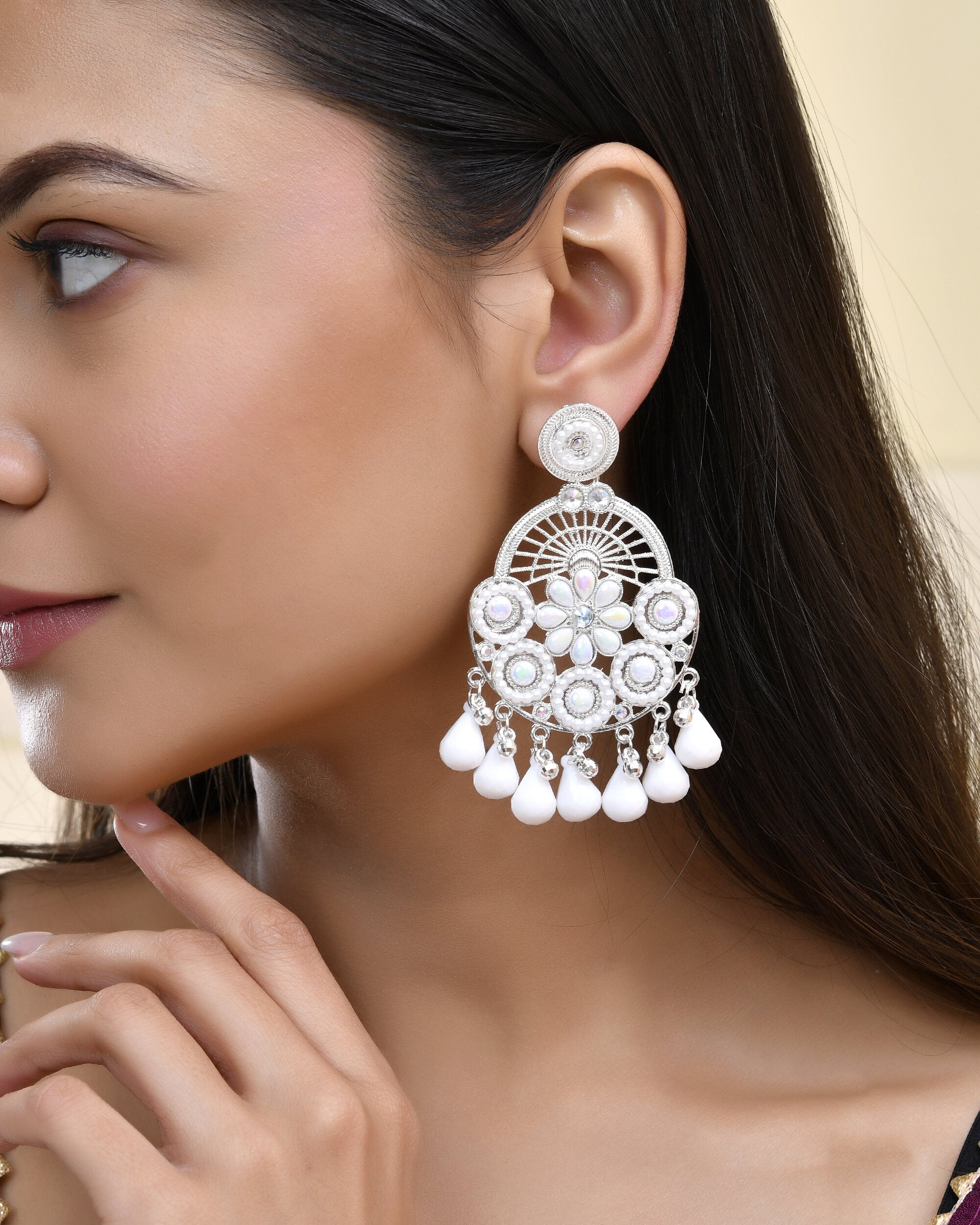 Jewels Nest Silver-Plated White Stone Chandelier Earrings with Floral and Beaded Detailing - Distacart