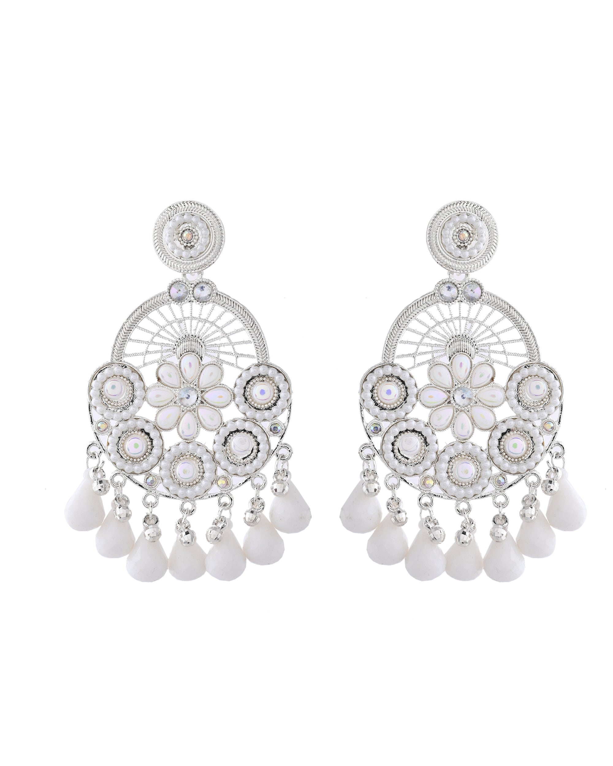 Jewels Nest Silver-Plated White Stone Chandelier Earrings with Floral and Beaded Detailing - Distacart