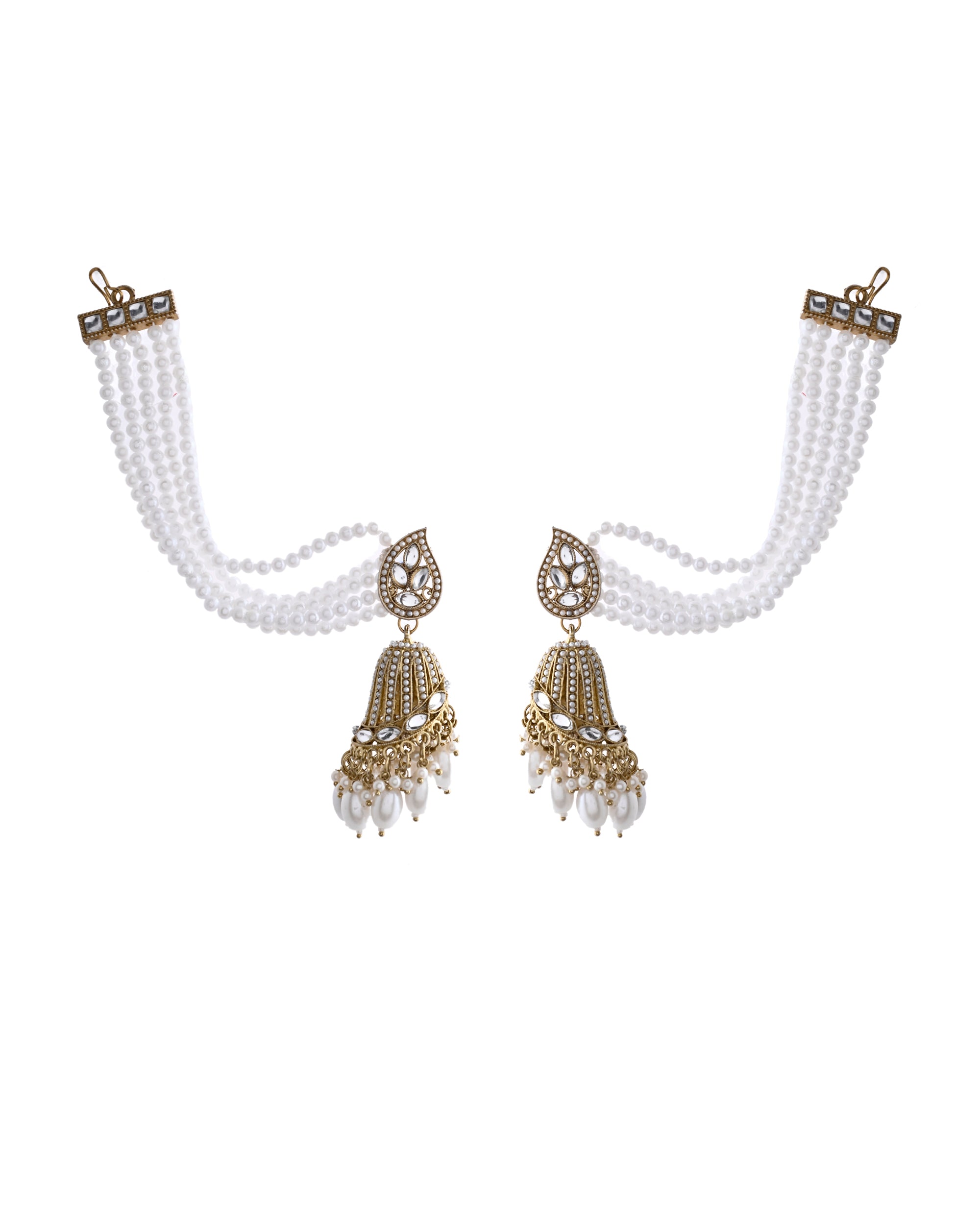 Jewels Nest Grand Traditional Gold and Pearl Jhumka Earrings with Kundan and Layered Pearl Strings - Distacart