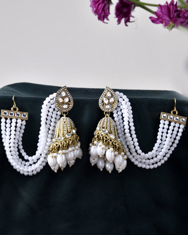 Jewels Nest Grand Traditional Gold and Pearl Jhumka Earrings with Kundan and Layered Pearl Strings - Distacart