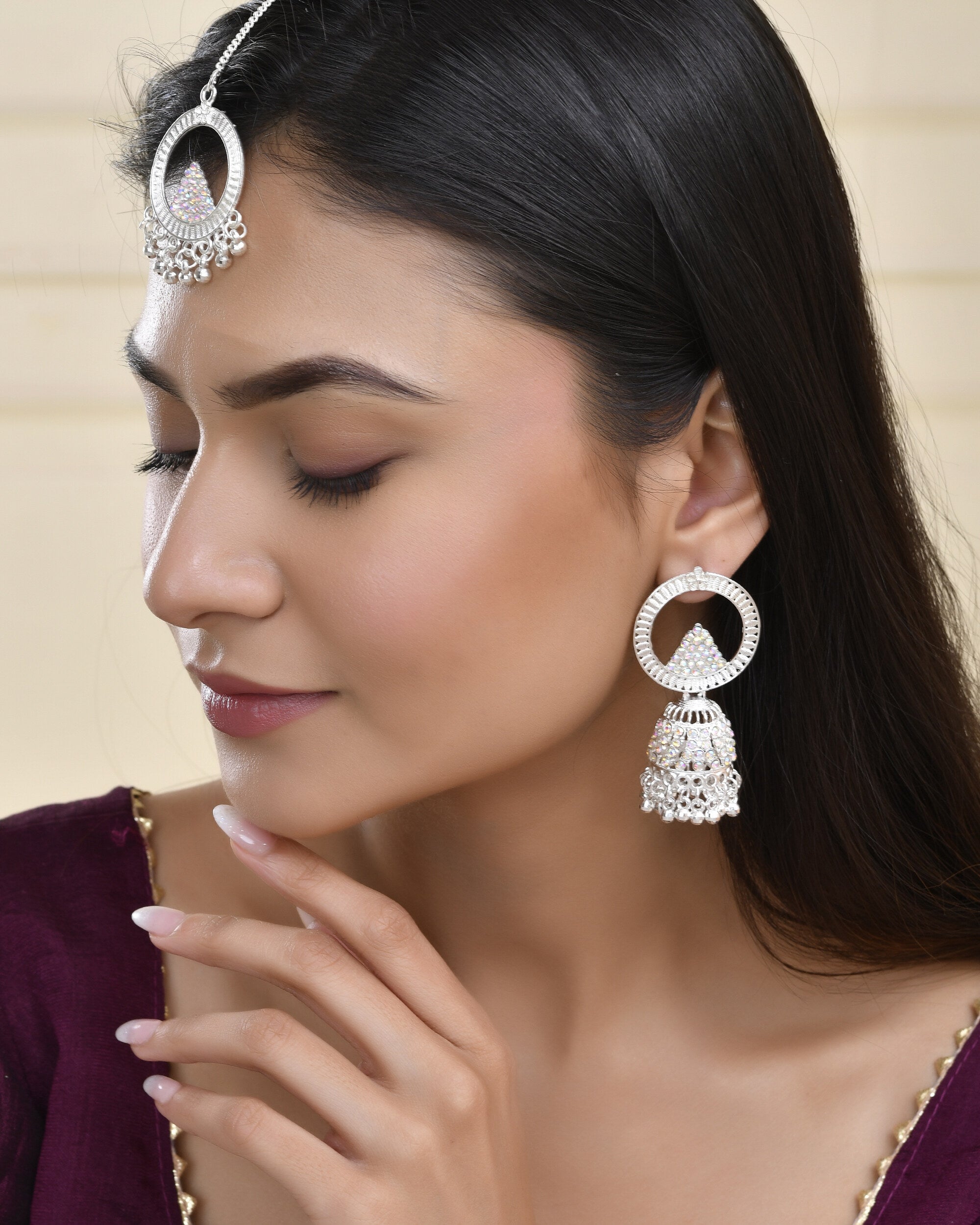 Jewels Nest Silver-Plated Crystal Embellished Jhumka Earrings with Circular Hoops - Distacart