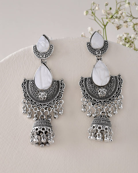 Jewels Nest Oxidized Silver Half Moon Jhumka Earrings with Intricate Design - Distacart