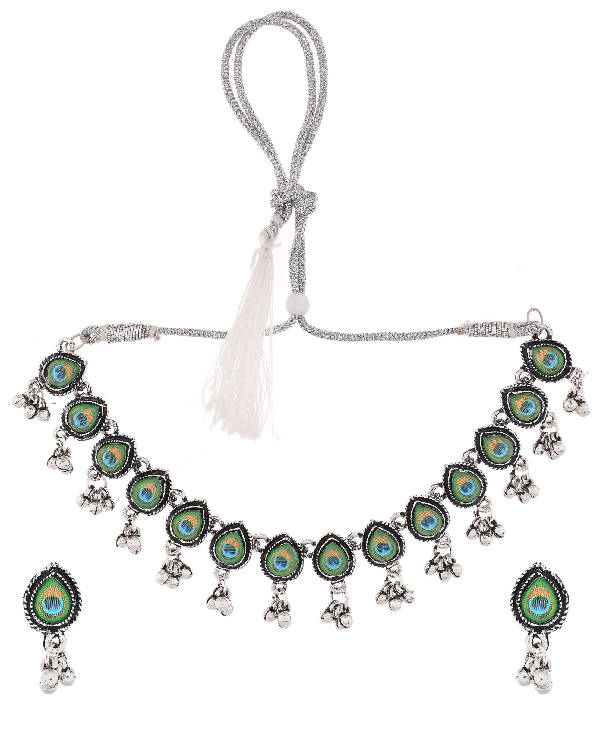 Jewels Nest Oxidised Silver Peacock Feather Necklace with Matching Earrings Set