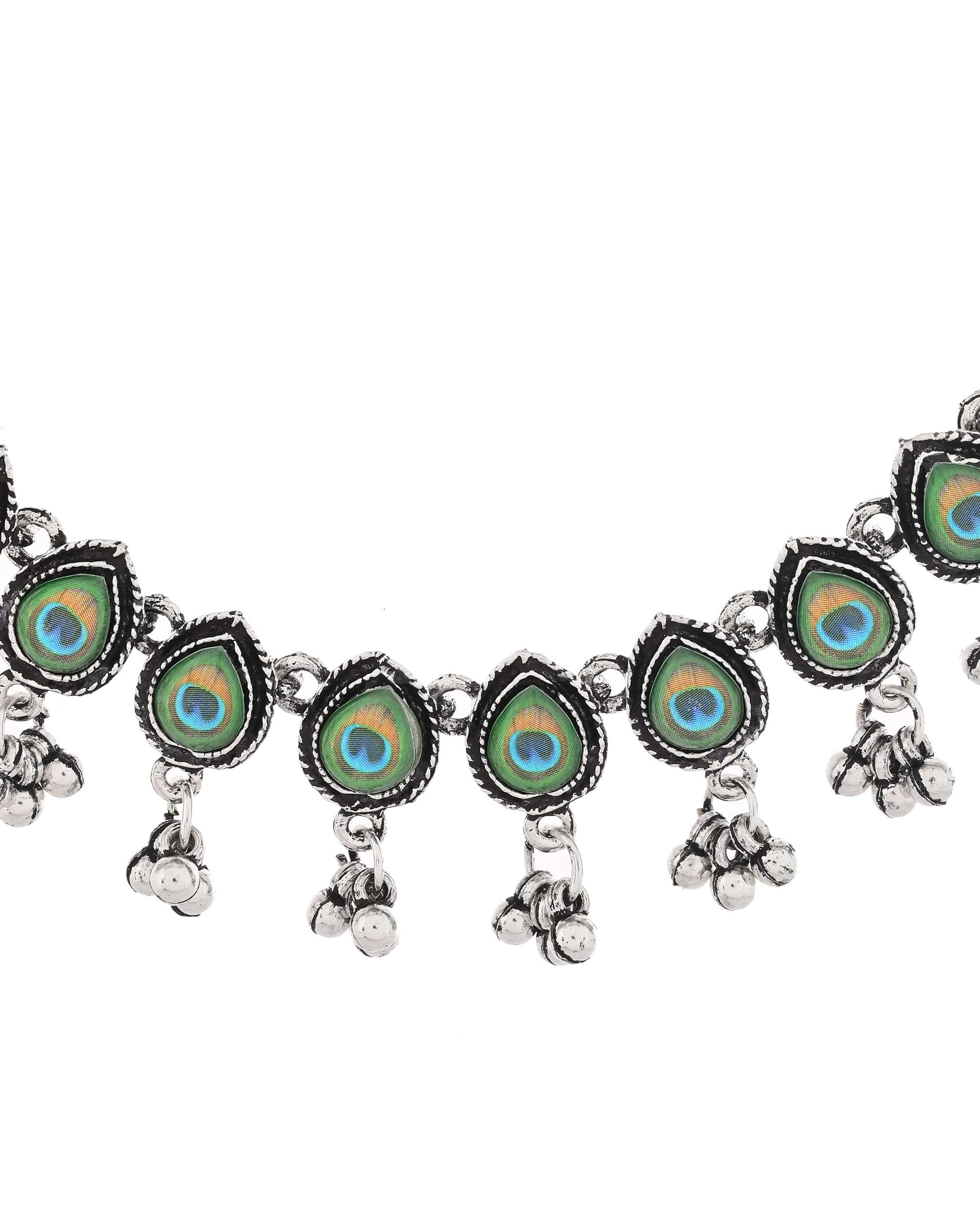 Jewels Nest Oxidised Silver Peacock Feather Necklace with Matching Earrings Set