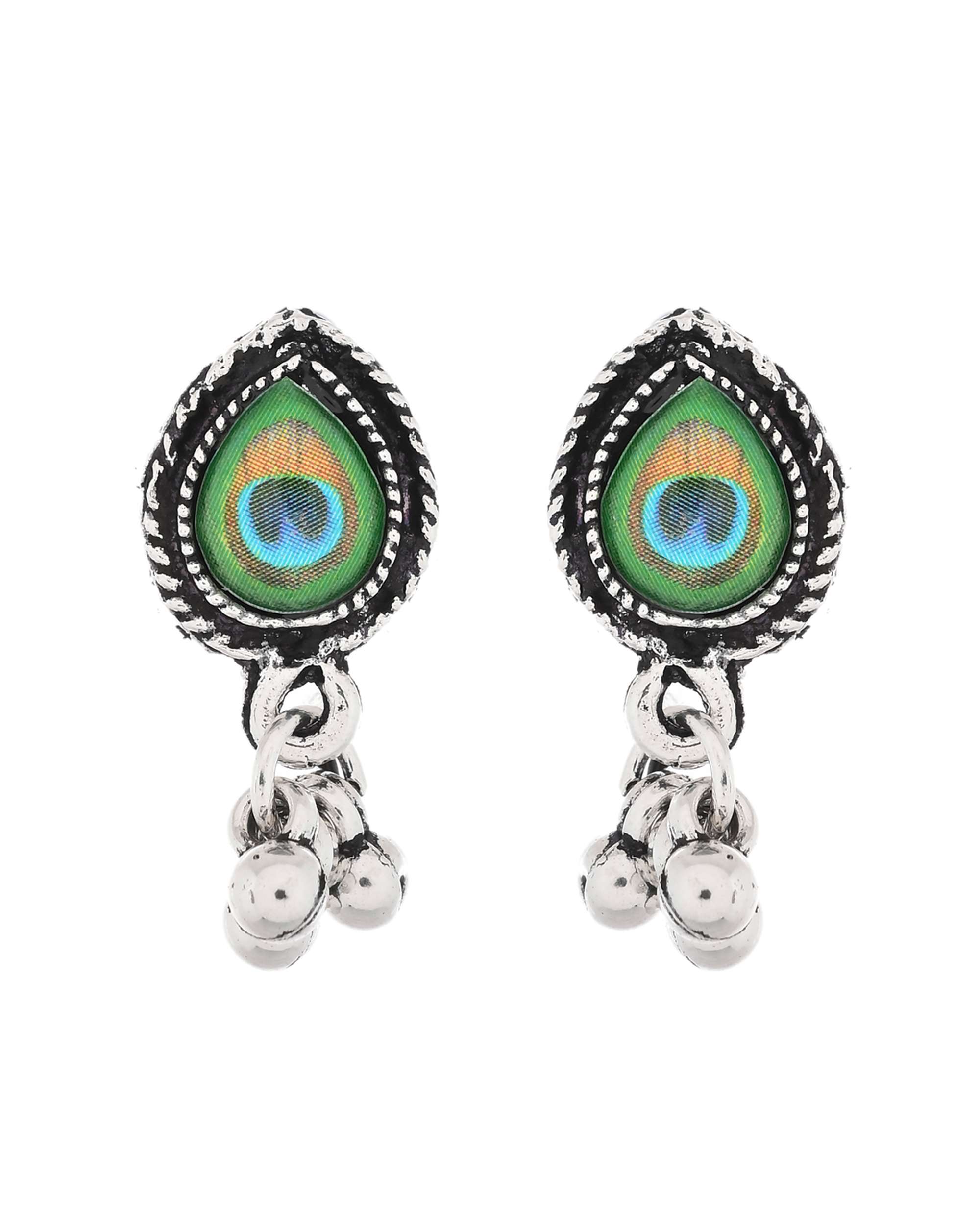 Jewels Nest Oxidised Silver Peacock Feather Necklace with Matching Earrings Set