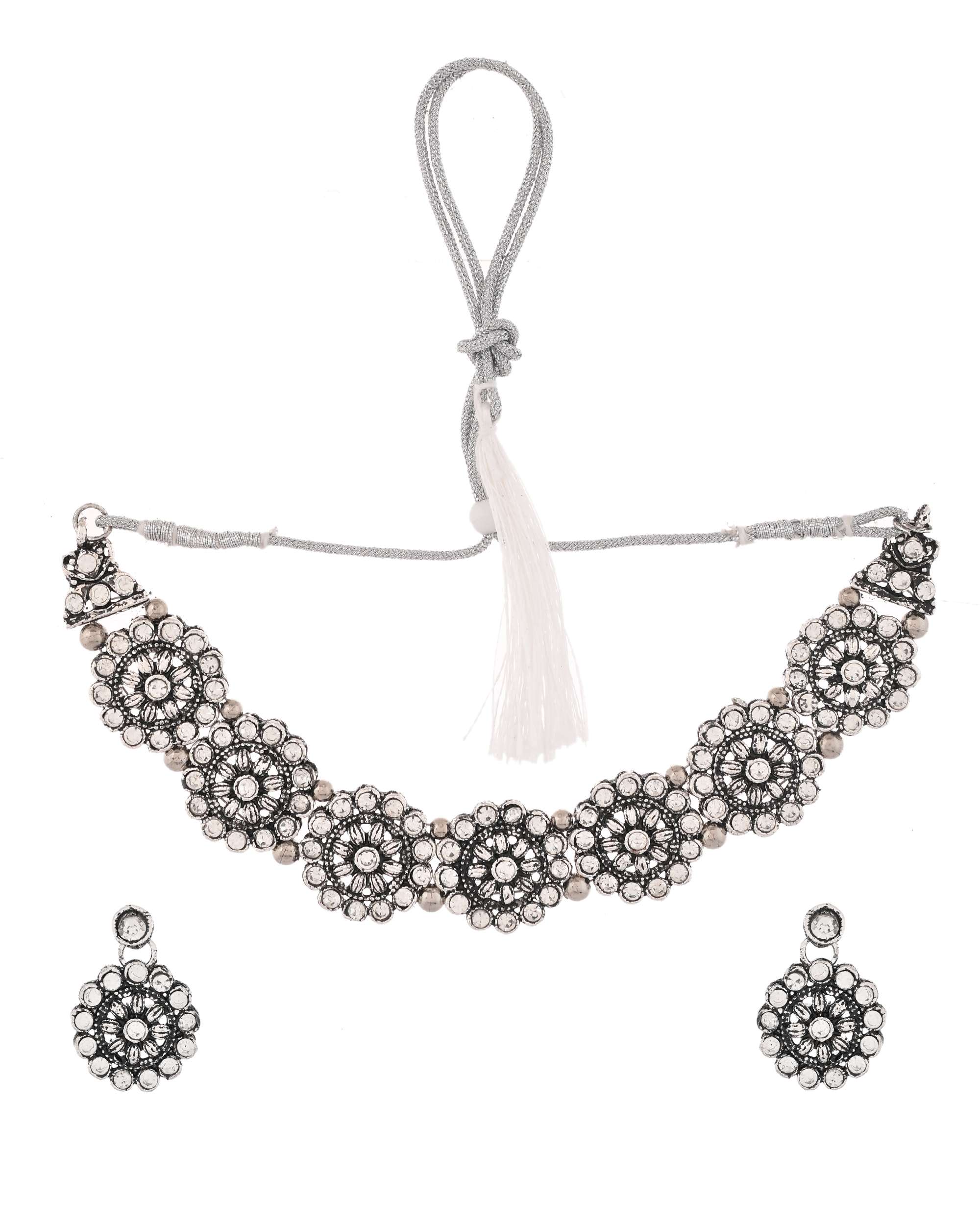 Jewels Nest Oxidised Silver Floral Necklace – Tribal Choker for Ethnic & Fusion Wear