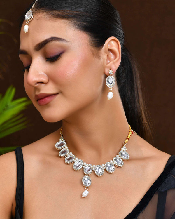 Jewels Nest Elegant White Stone & Pearl Choker Necklace Set with Earrings – Bridal & Festive Wear