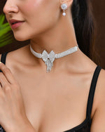 Thumbnail for Jewels Nest American Diamond-Studded & Pearl Droplet Silver Choker Set
