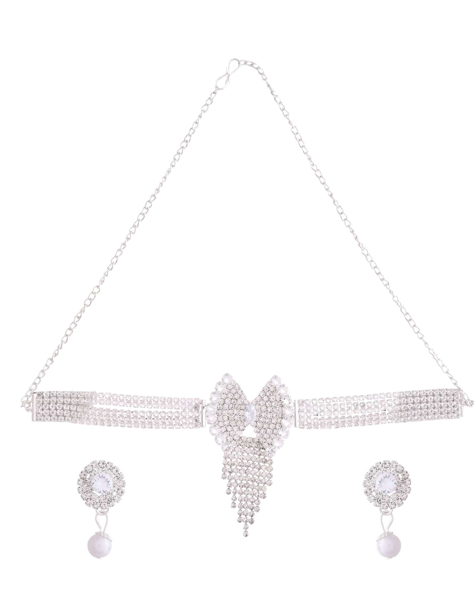 Jewels Nest American Diamond-Studded & Pearl Droplet Silver Choker Set