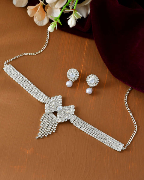 Jewels Nest American Diamond-Studded & Pearl Droplet Silver Choker Set