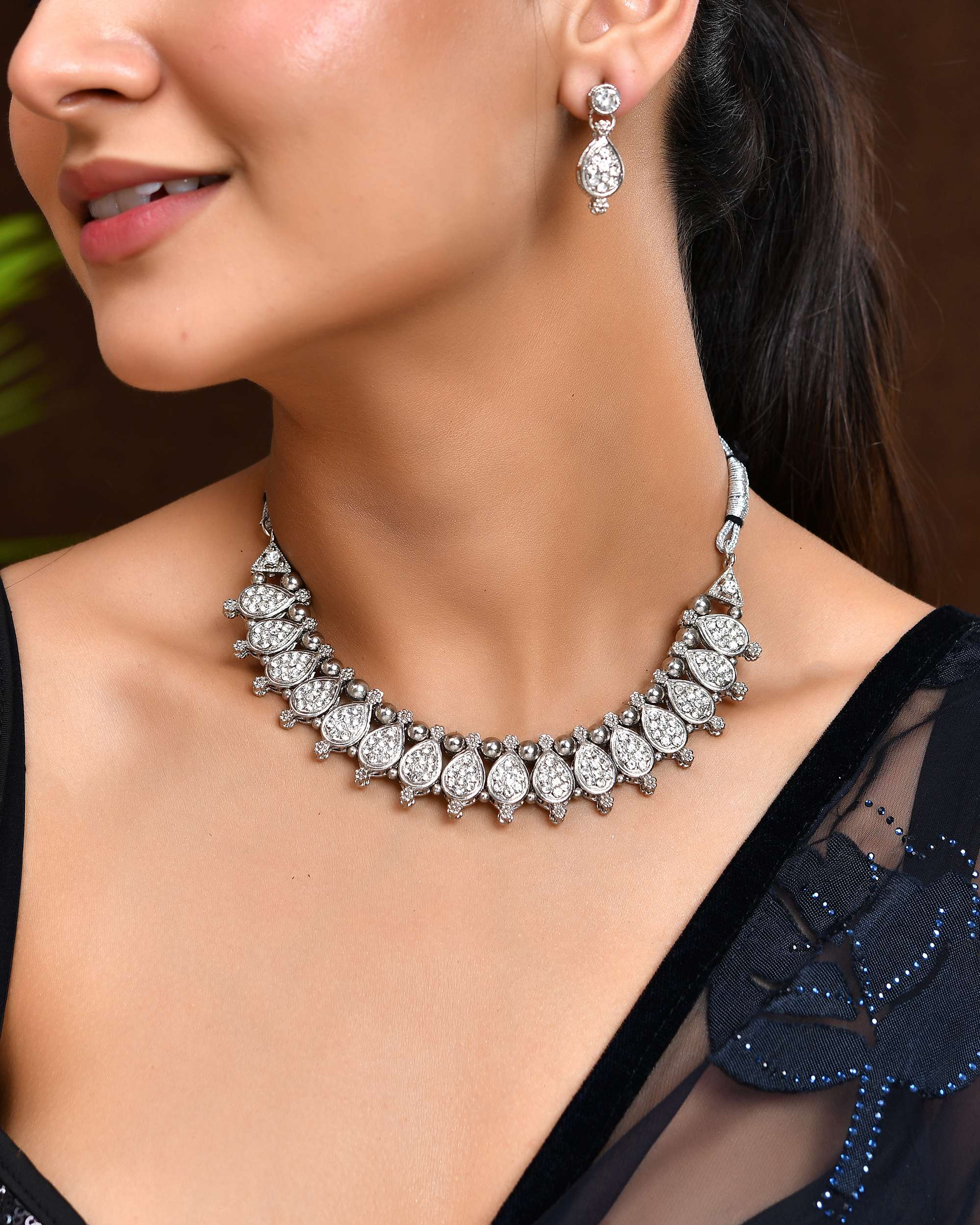 Jewels Nest Silver-Plated AD Studded Traditional Necklace Set for Women