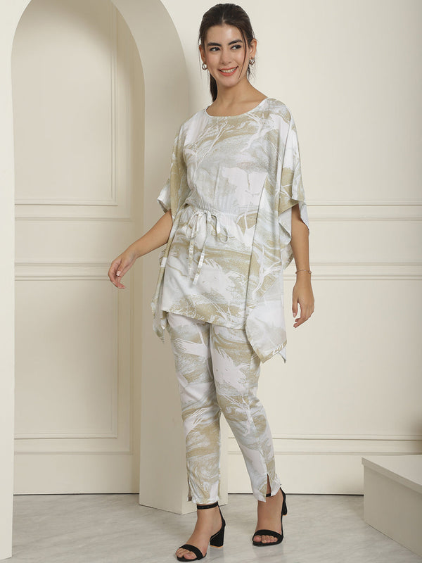 Indian Needle Women's Beige Tie Dye Printed Rayon Kaftan Tunic With Trousers - Beige - Distacart