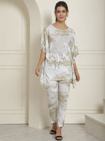 Thumbnail for Indian Needle Women's Beige Tie Dye Printed Rayon Kaftan Tunic With Trousers - Beige - Distacart