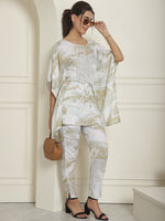 Thumbnail for Indian Needle Women's Beige Tie Dye Printed Rayon Kaftan Tunic With Trousers - Beige - Distacart
