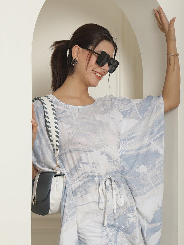 Indian Needle Women's Light-Blue Tie Dye Printed Rayon Kaftan Tunic With Trousers - Light-Blue - Distacart