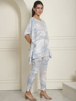 Thumbnail for Indian Needle Women's Light-Blue Tie Dye Printed Rayon Kaftan Tunic With Trousers - Light-Blue - Distacart